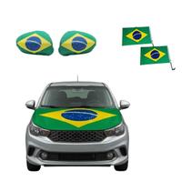 Kit Bandeiras Do Brasil Para Carro Copa Do Mundo Capa Retrovisor + Capô 120x160 + Bandeiras Com Suporte