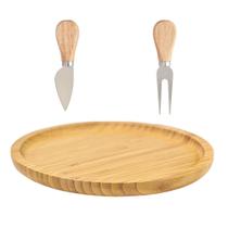 Kit bandeja bambu 25 cm, cortador e garfo para queijos