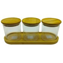 Kit Bandeja Bambu + 3 Potes Vidro Mantimento Hermético 500Ml Kit Bandeja Bambu + 3 Potes Vidro Mantimento Hermético 500Ml