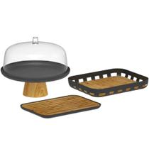Kit Bandeja Boleira e Tábua Migalheira Plástico Bambu Ou Preto Café Mesa Posta Preto Kit Bandeja Boleira e Tábua Migalheira Plástico Bambu Ou Preto Café Mesa Posta Preto