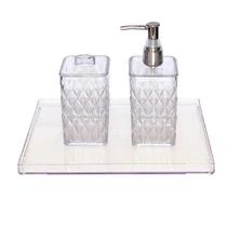 Kit bandeja cristal decorar recepção bancada lavabo dispenser álcool gel sabão líquido porta algodão