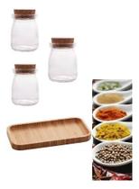 Kit Bandeja De Bambu C/ 3 Potes Vidro Borossicato P/tempero