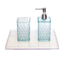 Kit bandeja decorativa cristal porta sabonete líquido copo luxo acrílico azul escova dentes banheiro