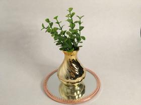 Kit Bandeja Espelhada Redonda Rosé 12,5cm, Enfeite Decorativo Mini Vaso Gold com Planta Artificial - House36