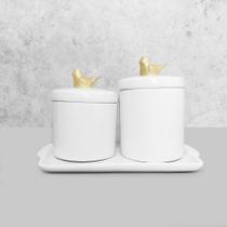 Kit Bandeja Porta Algodão E Cotonete Porcelana Passaro Dourado