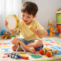Kit Bandinha Mem 5 Instrumentos Percussão Infantil Mochila Amarelo