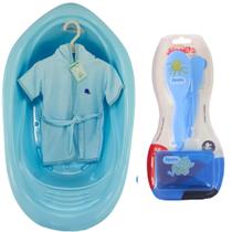 Kit Banheira 22L Plastibaby Roupão Saboneteira Escova Pente Para Bebê Kit banho mamita Rosa Azul