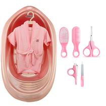 Kit Banheira 22L Plastibaby Roupão Saboneteira Escova Prendedor de Chupeta Pente Para Bebê Rosa Azul