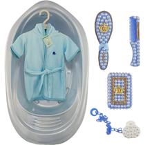 Kit Banheira 22L Plastibaby Roupão Saboneteira Escova Prendedor de Chupeta Pente Para Bebê Rosa Azul