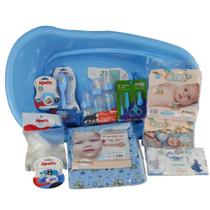 Kit banheira bebe + chupeta fralda mamadeira e vários itens para o enxoval do bebe azul