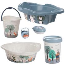 Kit banheira de bebê decorada ludica plasutil 6 peças + bacia + lixeira + balde menino e menina