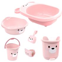 Kit banheira de bebê decorada ludica plasutil 6 peças + bacia + lixeira + balde menino e menina