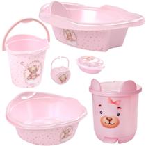 Kit banheira de bebê decorada ludica plasutil 6 peças + bacia + lixeira + balde menino e menina