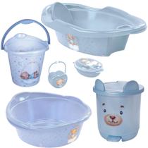 Kit banheira de bebê decorada ludica plasutil 6 peças + bacia + lixeira + balde menino e menina