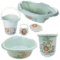 Kit banheira de bebê decorada ludica plasutil 6 peças + bacia + lixeira + balde menino e menina