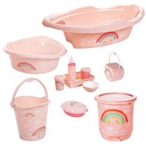 Kit banheira de bebê plasutil 7 peças + kit higiene urso + bacia + lixeira + balde menino e menina