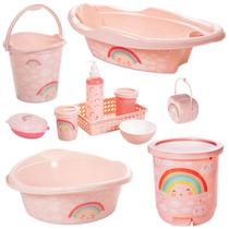 Kit banheira de bebê plasutil 7 peças + kit higiene urso + bacia + lixeira + balde menino e menina