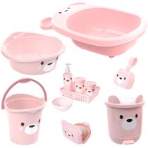 Kit banheira de bebê plasutil 7 peças + kit higiene urso + bacia + lixeira + balde menino e menina