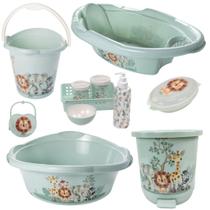 Kit banheira de bebê plasutil 7 peças + kit higiene urso + bacia + lixeira + balde menino e menina