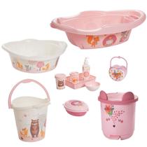 Kit banheira de bebê plasutil 7 peças + kit higiene urso + bacia + lixeira + balde menino e menina