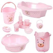 Kit banheira de bebê plasutil 7 peças + kit higiene urso + bacia + lixeira + balde menino e menina