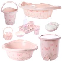 Kit banheira de bebê plasutil 7 peças + kit higiene urso + bacia + lixeira + balde menino e menina