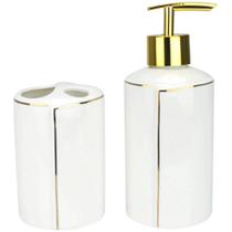 Kit Banheiro 2 Peças Porcelana Dispenser Sabonete Líquido E Porta Escova Branco Fio De Ouro Wincy