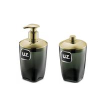 Kit Banheiro 2 Peças Porta Sabonete Líquido e Porta Algodão Premium Preto e Dourado