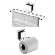 Kit Banheiro 2 Peças Porta Toalha Toalheiro 25cm Suporte Papel Higiênico Ventosa Cromado - Future