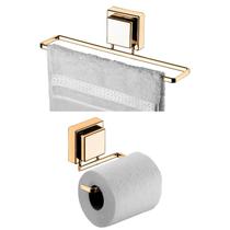 Kit Banheiro 2 Peças Porta Toalha Toalheiro 25cm Suporte Papel Higiênico Ventosa Dourado - Future Kit Banheiro 2 Peças Porta Toalha Toalheiro 25cm Suporte Papel Higiênico Ventosa Dourado - Future