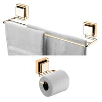 Kit Banheiro 2 Peças Porta Toalha Toalheiro 45cm Suporte Papel Higiênico Ventosa Dourado - Future Kit Banheiro 2 Peças Porta Toalha Toalheiro 45cm Suporte Papel Higiênico Ventosa Dourado - Future