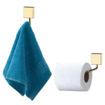 Kit Banheiro 2 Peças Suporte Papel Higiênico Gancho Porta Toalha Parede Dourado - Future Kit Banheiro 2 Peças Suporte Papel Higiênico Gancho Porta Toalha Parede Dourado - Future