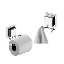 Kit Banheiro 2 Peças Suporte Porta Papel Higiênico Cabide Gancho Duplo Multiuso Ventosa Cromado - Future