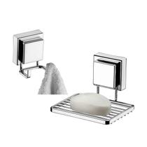 Kit Banheiro 2 Peças Suporte Porta Sabonete Cabide Gancho Duplo Multiuso Com Ventosa Cromado - Future