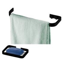 Kit Banheiro 2 Peças Suporte Porta Toalha Toalheiro Saboneteira Preto Fosco - Future
