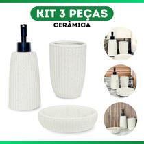 Kit Banheiro 3 Peças Cerâmica Porta Sabonete Líquido Escova de Dente Dispenser Dispensador Conjunto Kit Banheiro 3 Peças Cerâmica Porta Sabonete Líquido Escova de Dente Dispenser Dispensador Conjunto