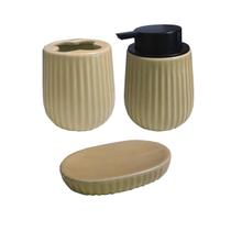 Kit Banheiro 3 Peças de Cerâmica Canelada Porta Sabonete Liquido Saboneteira Porta Escova