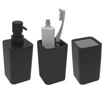 Kit Banheiro 3 Peças Dispenser Sabonete Líquido Porta Escova Algodão Cotonete Preto - Soprano