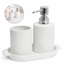 Kit Banheiro 3 Peças em Porcelana Luxo com Bandeja, Porta Escova e Dispenser 270ml Conjunto Elegante para Lavabo