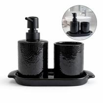 Kit Banheiro 3 Peças em Porcelana Luxo com Bandeja, Porta Escova e Dispenser 270ml Conjunto Elegante para Lavabo Kit Banheiro 3 Peças em Porcelana Luxo com Bandeja, Porta Escova e Dispenser 270ml Conjunto Elegante para Lavabo
