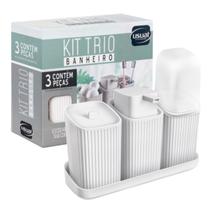 Kit Banheiro 3 Peças Lavabo Porta Algodão e Sabonete Líquido com Dispenser, Estojo Dental e Bandeja Kit Banheiro 3 Peças Lavabo Porta Algodão e Sabonete Líquido com Dispenser, Estojo Dental e Bandeja