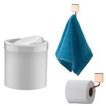 Kit Banheiro 3 Peças Lixeira Porta Toalha Suporte Papel Higiênico Cobre Rose Gold - Future