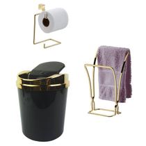 Kit Banheiro 3 Peças Lixeira Porta Toalha Toalheiro Suporte Papel Higiênico Dourado - Future