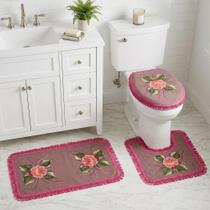 Kit Banheiro 3 Peças Luxo Estampado Floral Franjado Sofisticado Ótimo Custo Benefício