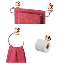 Kit Banheiro 3 Peças Porta Toalha Duplo Toalheiro Argola Suporte Papel Higiênico Ventosa Rose Gold - Future