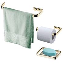 Kit Banheiro 3 Peças Porta Toalha Saboneteira Suporte Papel Higiênico Parede Dourado - Future