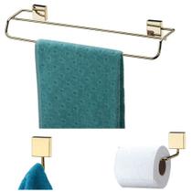 Kit Banheiro 3 Peças Porta Toalha Toalheiro Suporte Papel Higiênico Gancho Parede Dourado - Future