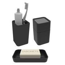 Kit Banheiro 3 Peças Saboneteira Porta Escova Algodão Cotonete Preto - Soprano Kit Banheiro 3 Peças Saboneteira Porta Escova Algodão Cotonete Preto - Soprano