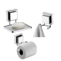 Kit Banheiro 3 Peças Suporte Porta Papel Higiênico Gancho Duplo Saboneteira Com Ventosa Cromado - Future
