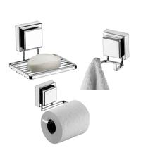 Kit Banheiro 3 Peças Suporte Porta Papel Higiênico Gancho Duplo Saboneteira Com Ventosa Cromado - Future